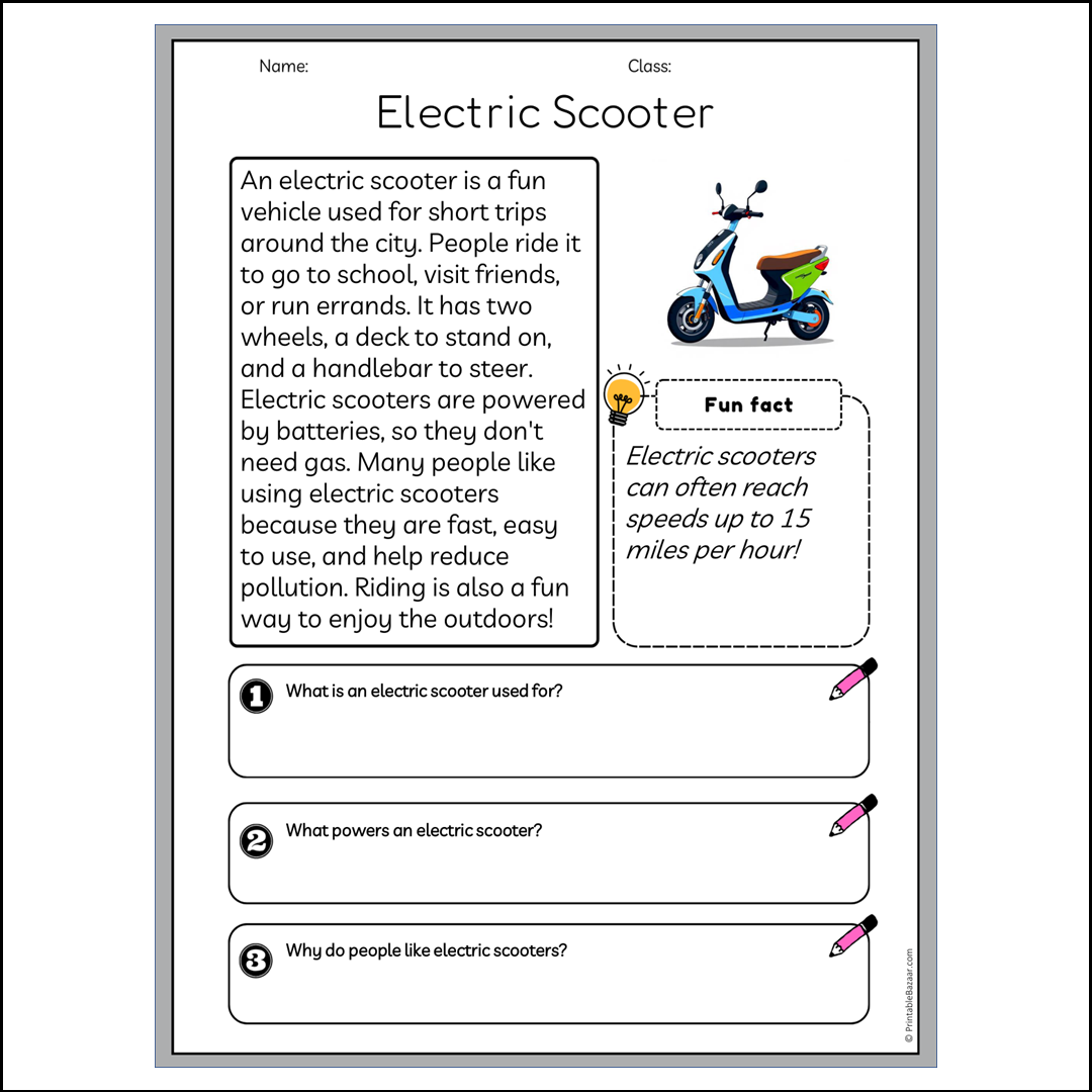 Electric Scooter | Reading Passage Comprehension Questions Writing Facts Worksheet