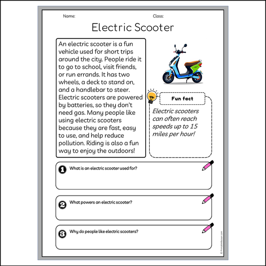 Electric Scooter | Reading Passage Comprehension Questions Writing Facts Worksheet