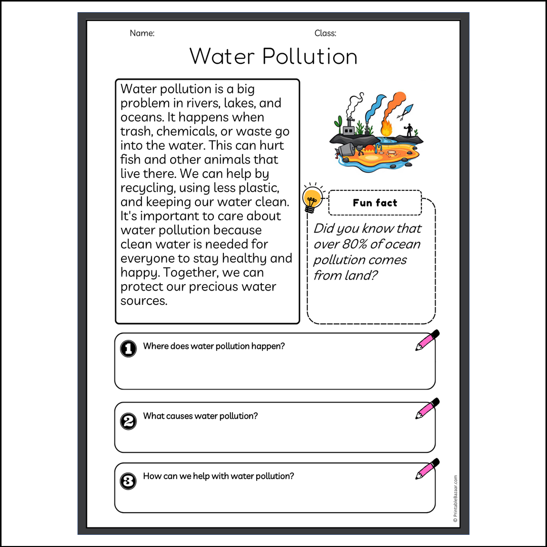 Water Pollution | Reading Passage Comprehension Questions Writing Facts Worksheet