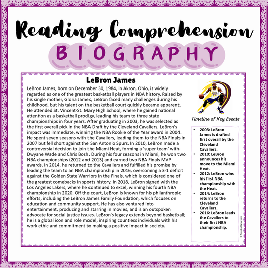 LeBron James | Biography Reading Comprehension and Questions Worksheet