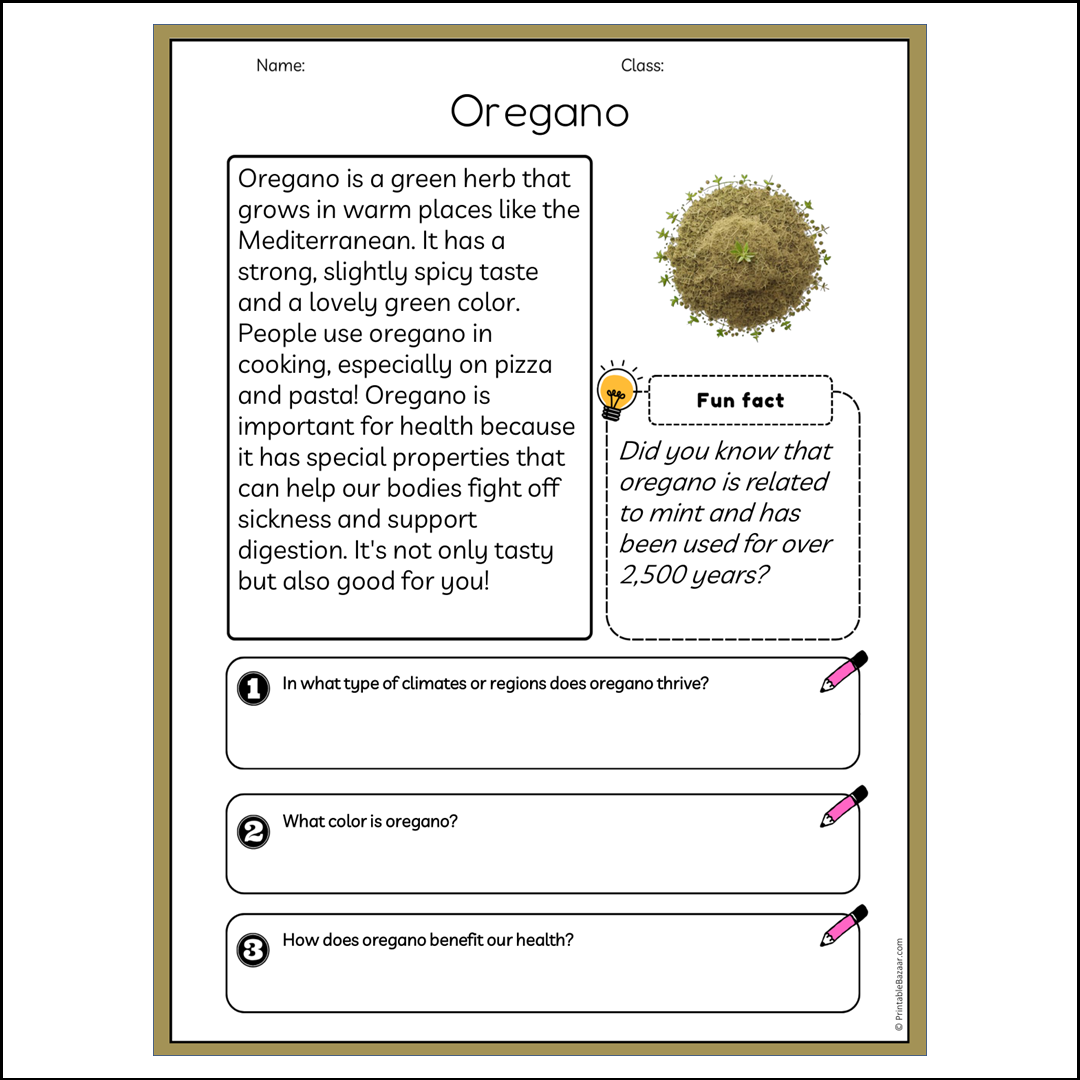 Oregano | Reading Passage Comprehension Questions Writing Facts Worksheet