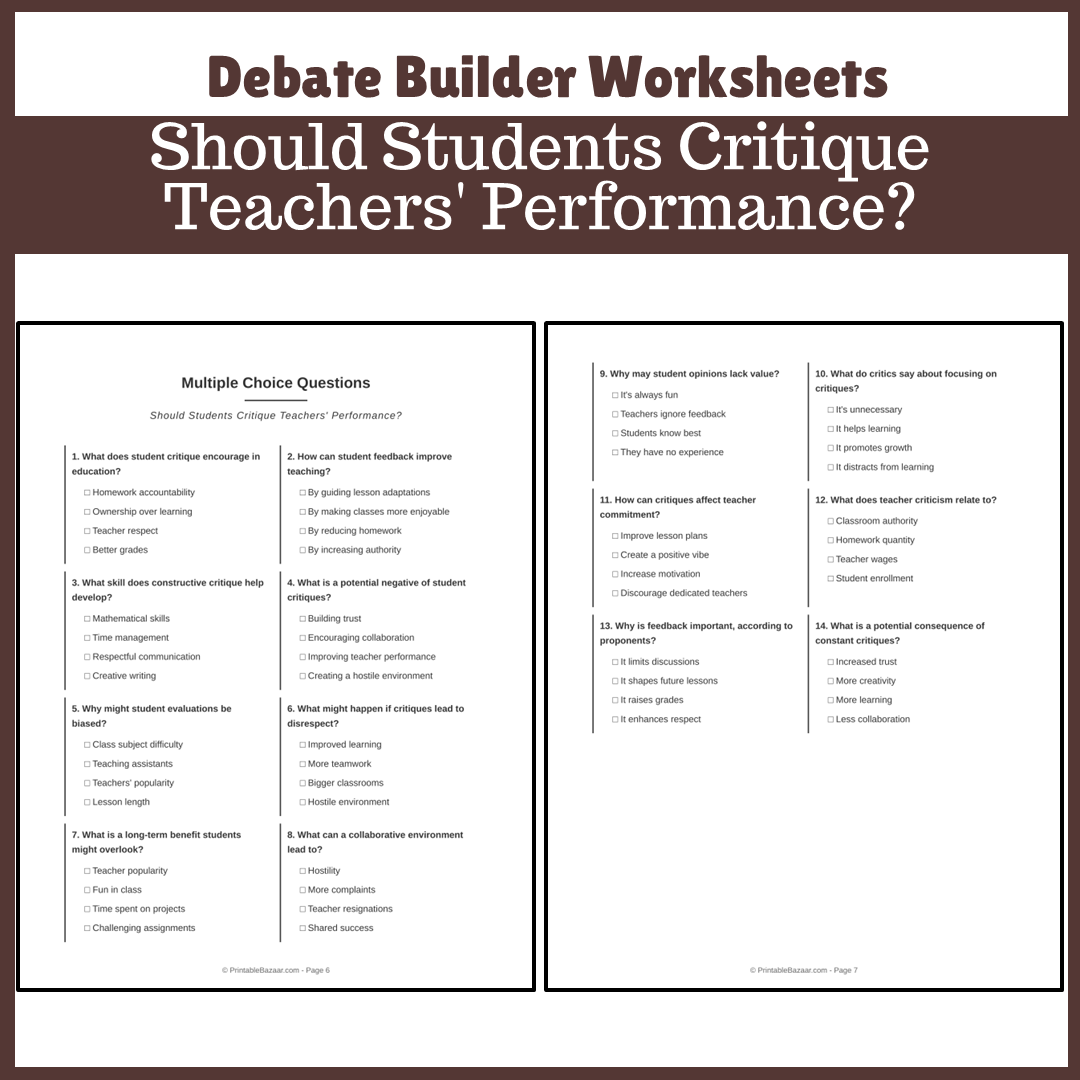 Should Students Critique Teachers' Performance? | Favour and Against Worksheet Printable Activity