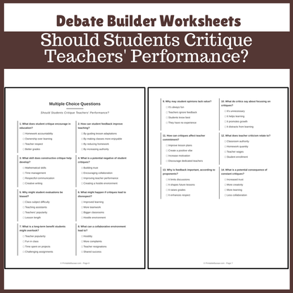 Should Students Critique Teachers' Performance? | Favour and Against Worksheet Printable Activity