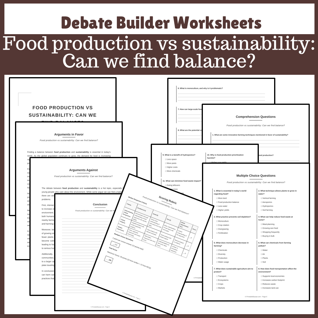 Food production vs sustainability: Can we find balance? | Favour and Against Worksheet Printable Activity
