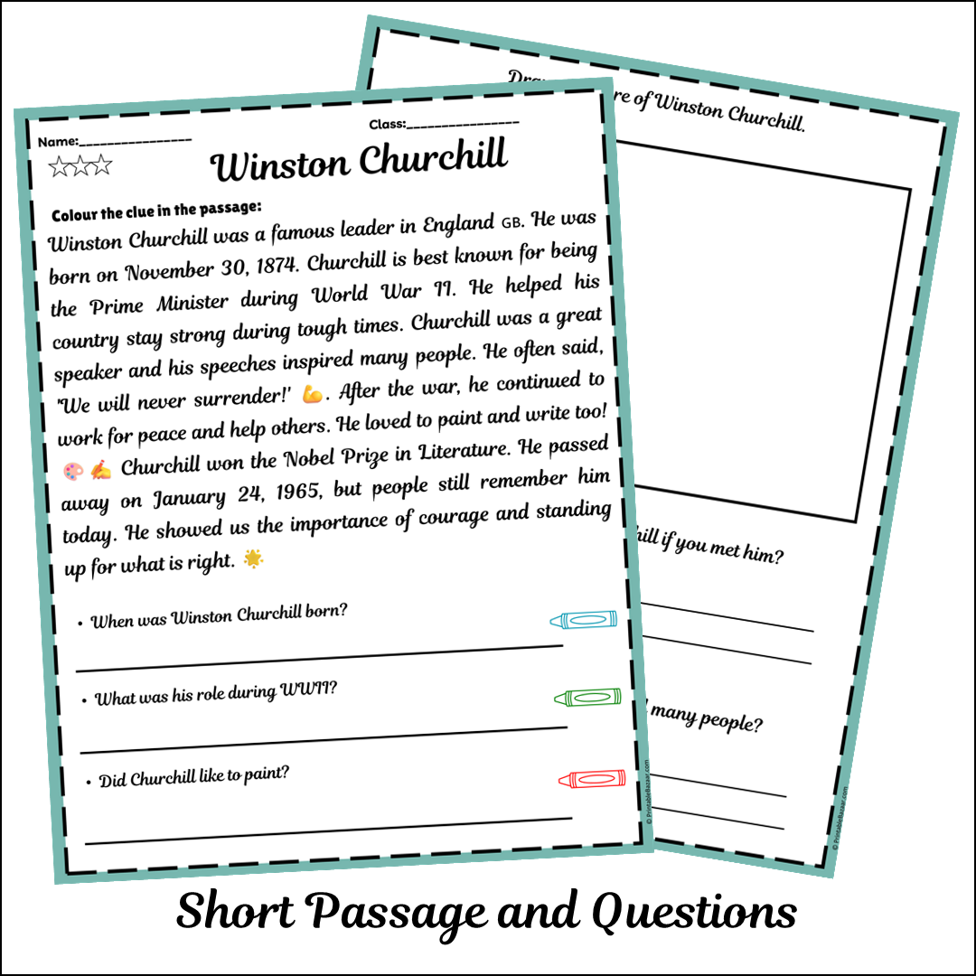 Winston Churchill | Short Reading Comprehension Creative Worksheet