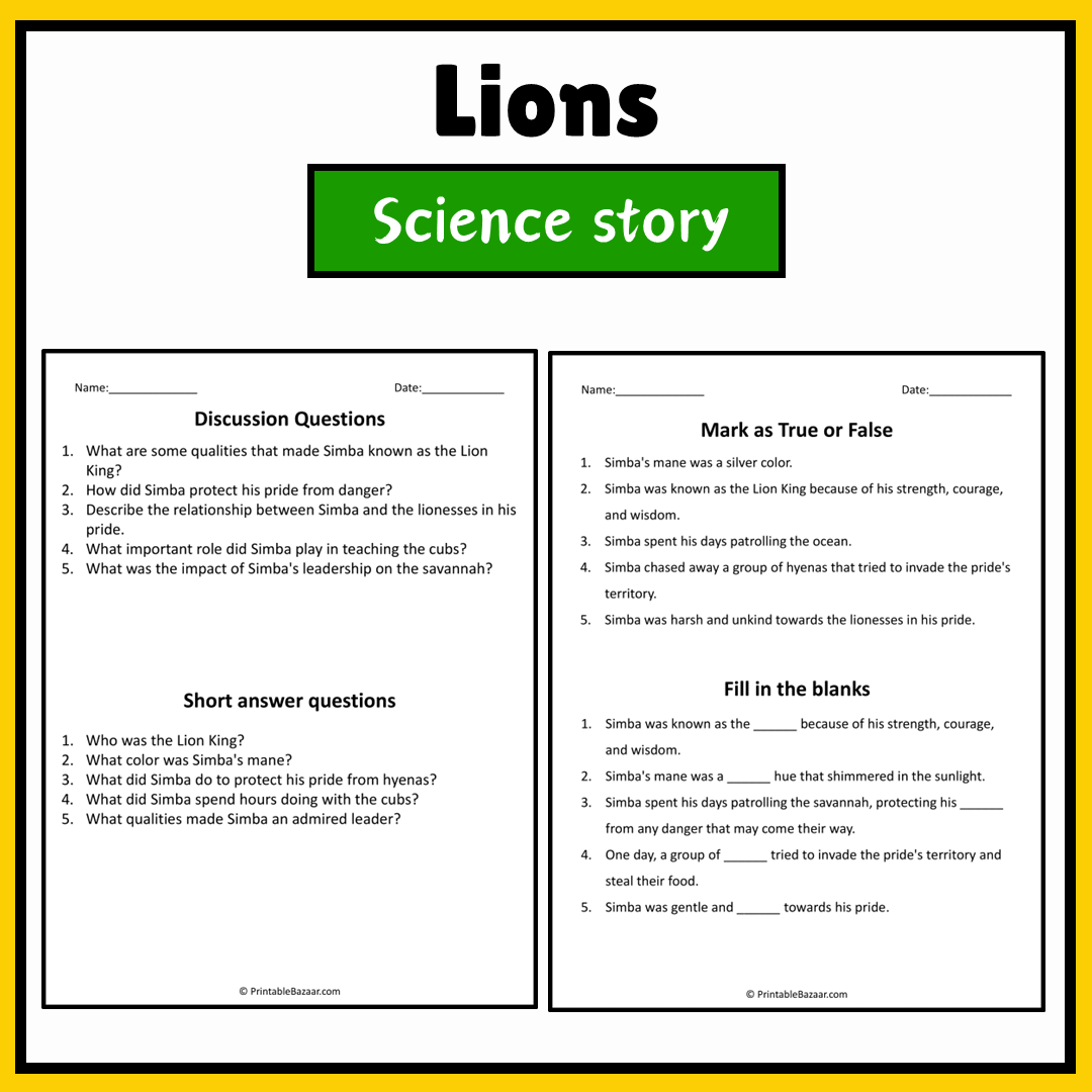 Lions | Science Story Reading Comprehension Activity