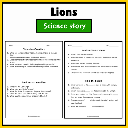 Lions | Science Story Reading Comprehension Activity