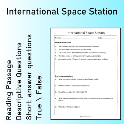 International Space Station | Reading Comprehension Passage Printable Worksheet