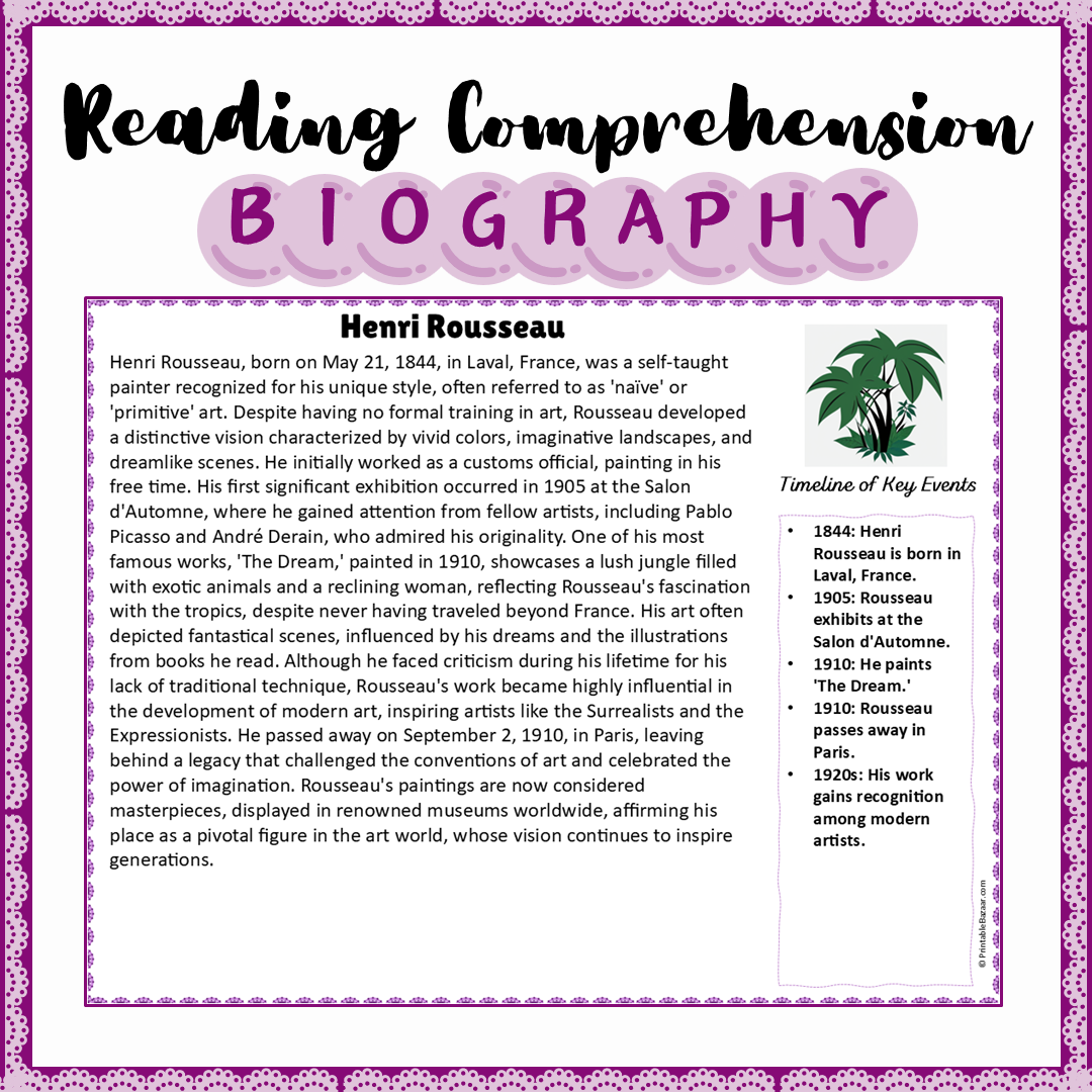 Henri Rousseau | Biography Reading Comprehension and Questions Worksheet