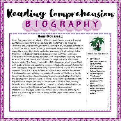 Henri Rousseau | Biography Reading Comprehension and Questions Worksheet