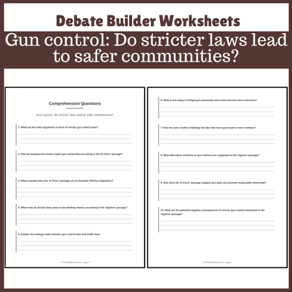 Gun control: Do stricter laws lead to safer communities? | Favour and Against Worksheet Printable Activity