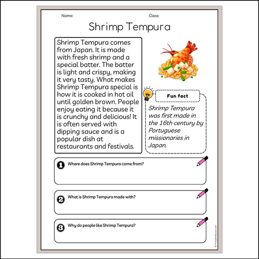 Shrimp Tempura | Reading Passage Comprehension Questions Writing Facts Worksheet