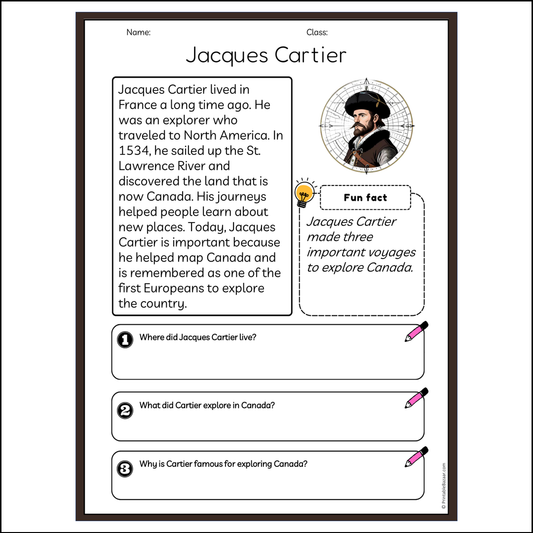 Jacques Cartier | Reading Passage Comprehension Questions Writing Facts Worksheet