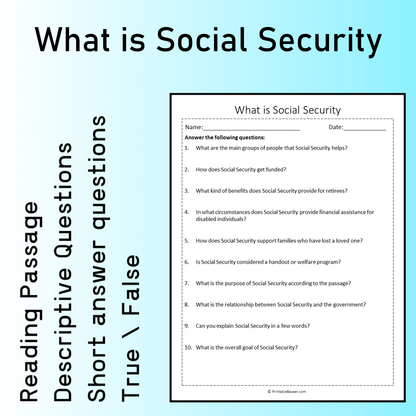 What is Social Security | Reading Comprehension Passage Printable Worksheet