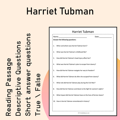 Harriet Tubman | Reading Comprehension Passage Printable Activity