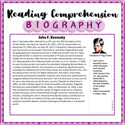 John F. Kennedy | Biography Reading Comprehension and Questions Worksheet