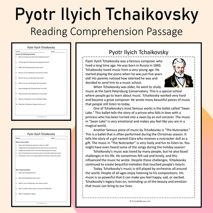 Pyotr Ilyich Tchaikovsky | Reading Comprehension Passage Printable Activity