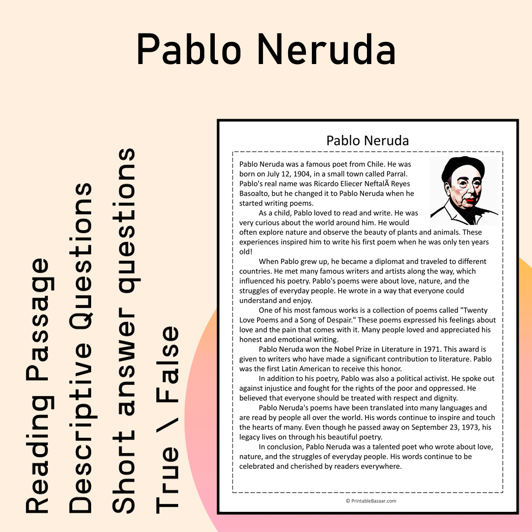 Pablo Neruda | Reading Comprehension Passage Printable Activity