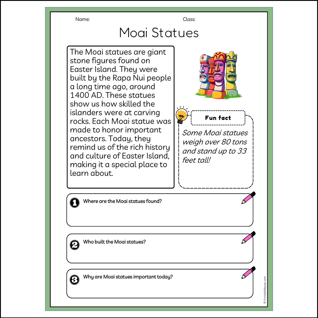 Moai Statues | Reading Passage Comprehension Questions Writing Facts Worksheet