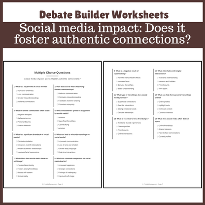 Social media impact: Does it foster authentic connections? | Favour and Against Worksheet Printable Activity
