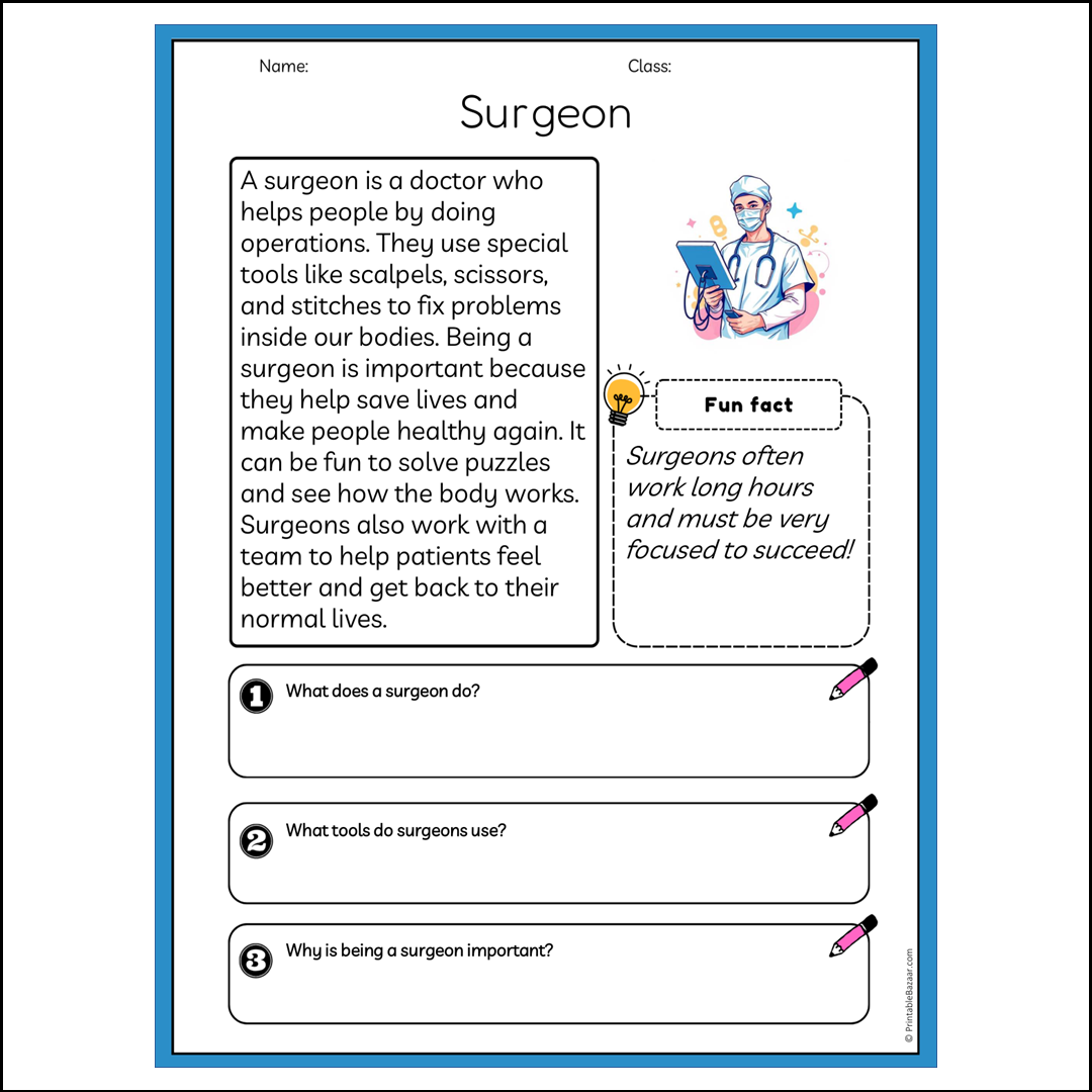 Surgeon | Reading Passage Comprehension Questions Writing Facts Worksheet