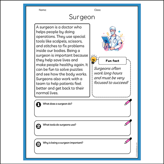 Surgeon | Reading Passage Comprehension Questions Writing Facts Worksheet