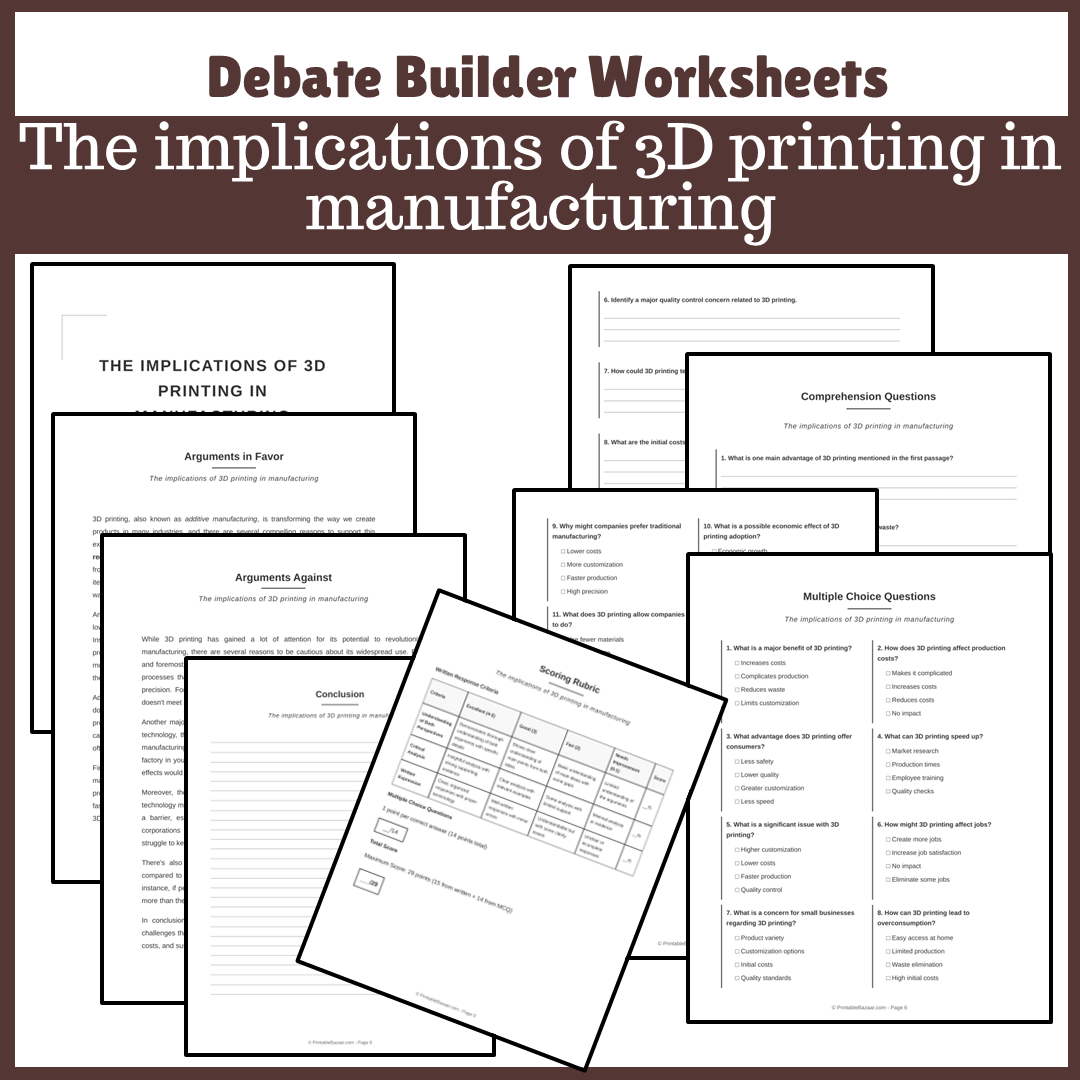 The implications of 3D printing in manufacturing | Favour and Against Worksheet Printable Activity