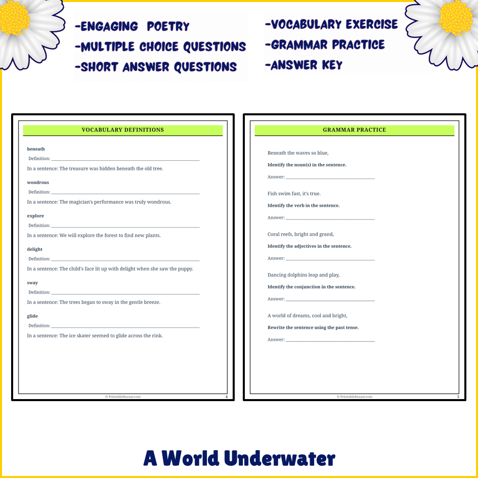 A World Underwater | Poem Grammar Worksheet Printable Activity