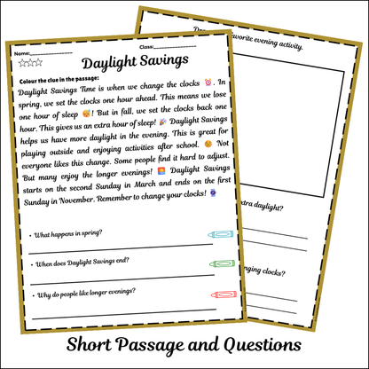 Daylight Savings | Short Reading Comprehension Creative Worksheet
