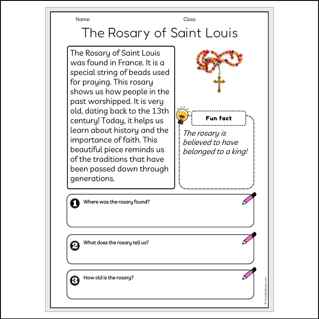 The Rosary of Saint Louis | Reading Passage Comprehension Questions Writing Facts Worksheet