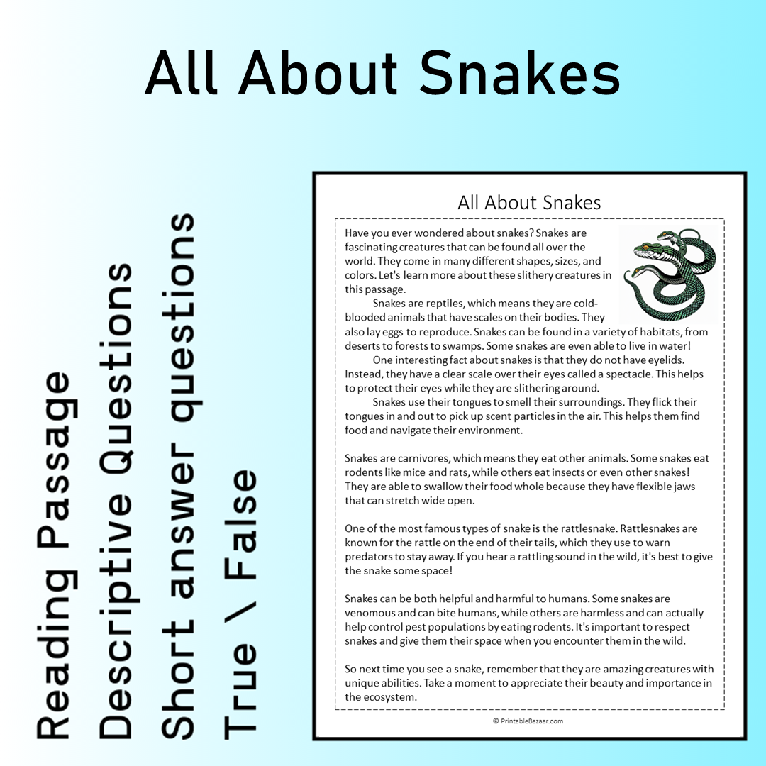 All About Snakes | Reading Comprehension Passage Printable Worksheet