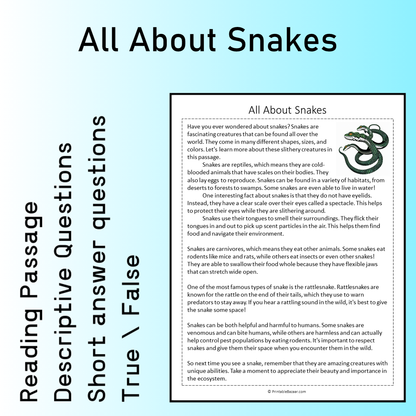 All About Snakes | Reading Comprehension Passage Printable Worksheet