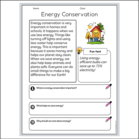 Energy Conservation | Reading Passage Comprehension Questions Writing Facts Worksheet