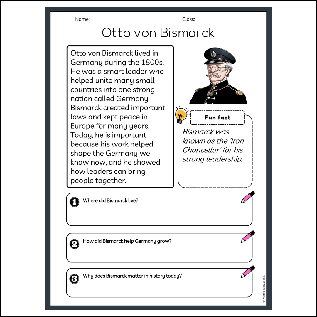 Otto von Bismarck | Reading Passage Comprehension Questions Writing Facts Worksheet