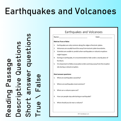Earthquakes and Volcanoes | Reading Comprehension Passage Printable Worksheet