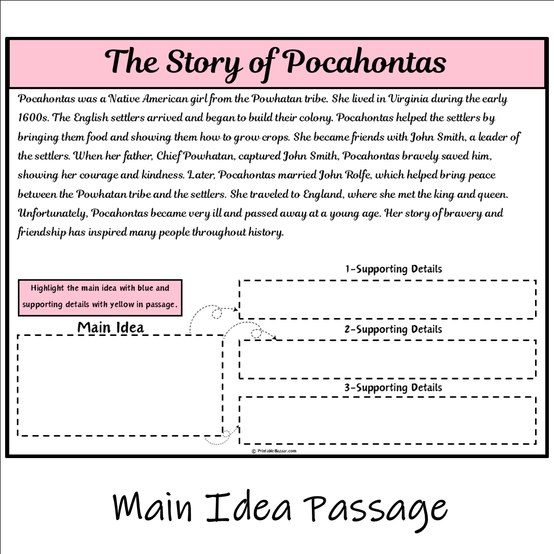 The Story of Pocahontas | Main Idea and Supporting Details Reading Passage and Questions