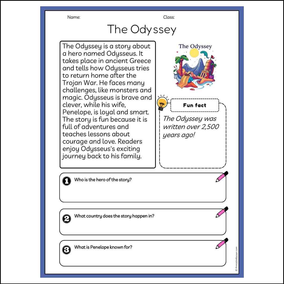 The Odyssey | Reading Passage Comprehension Questions Writing Facts Worksheet