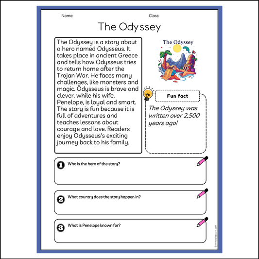 The Odyssey | Reading Passage Comprehension Questions Writing Facts Worksheet