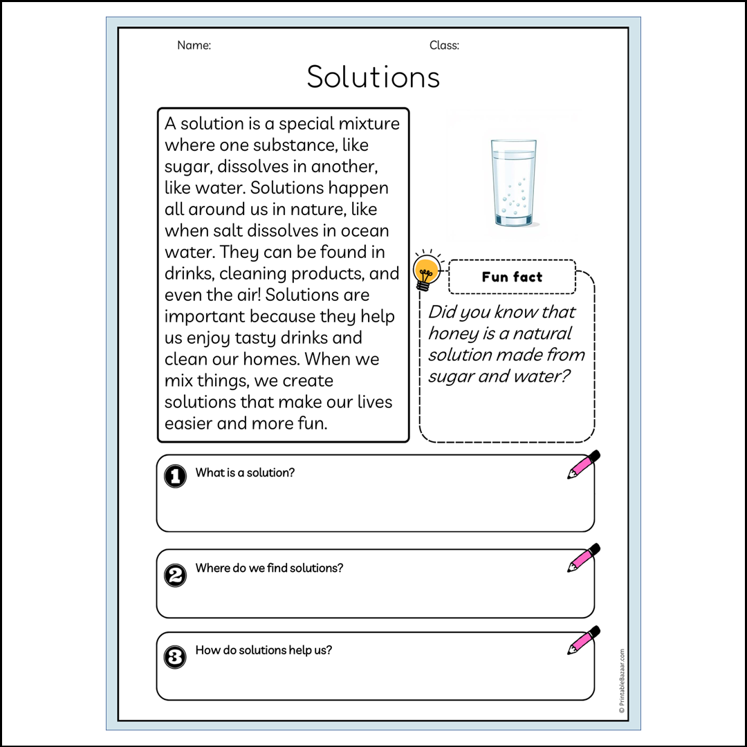 Solutions | Reading Passage Comprehension Questions Writing Facts Worksheet