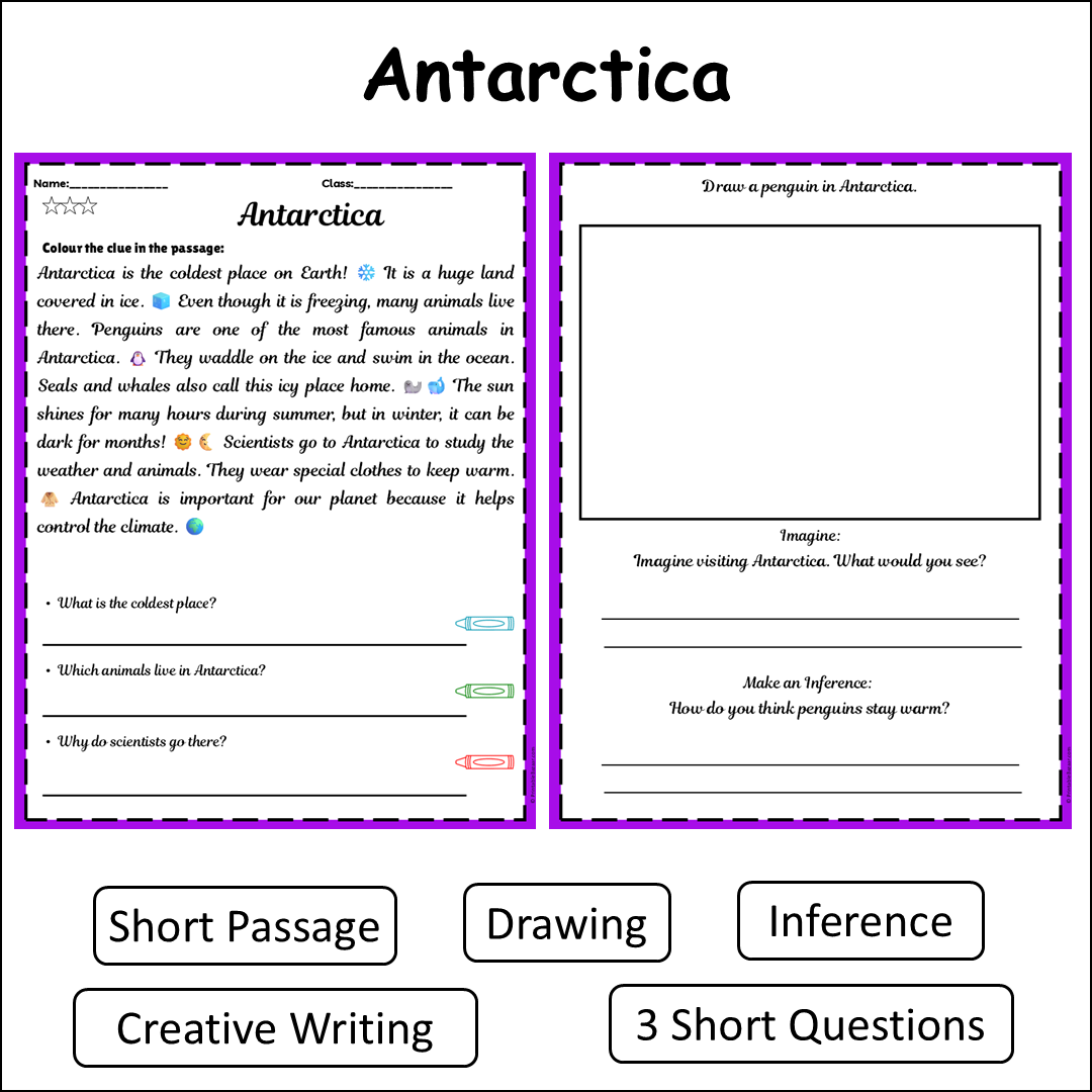 Antarctica | Short Reading Comprehension Creative Worksheet
