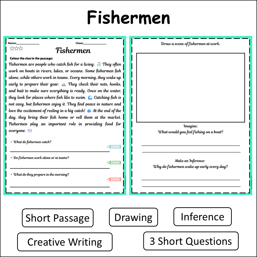 Fishermen | Short Reading Comprehension Creative Worksheet