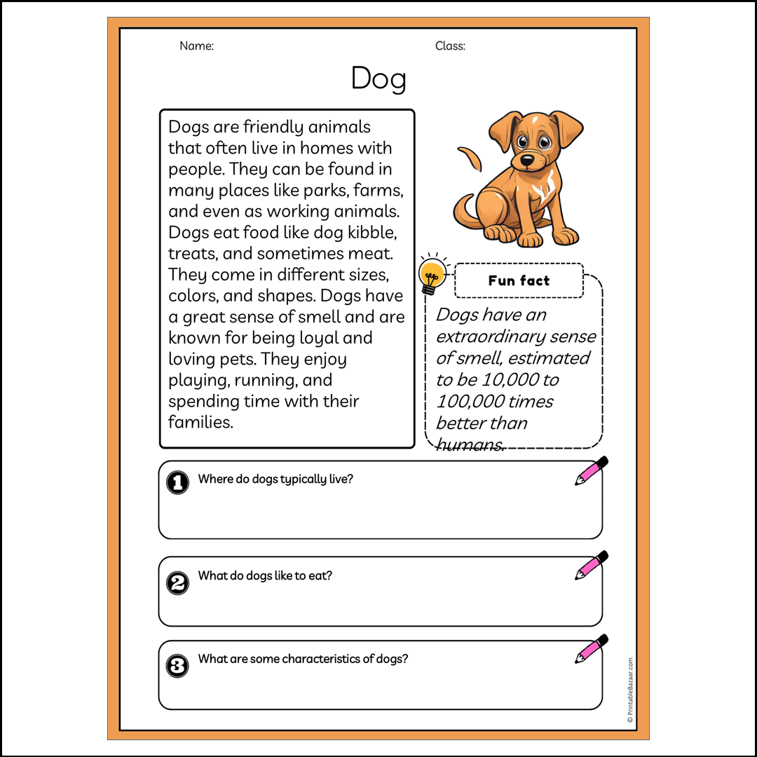 Dog | Reading Passage Comprehension Questions Writing Facts Worksheet