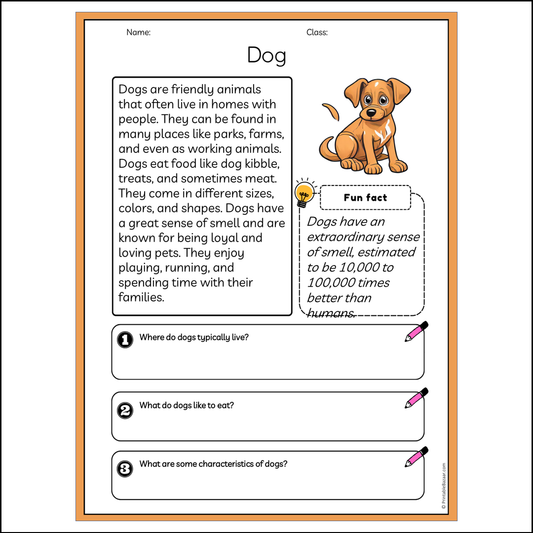 Dog | Reading Passage Comprehension Questions Writing Facts Worksheet