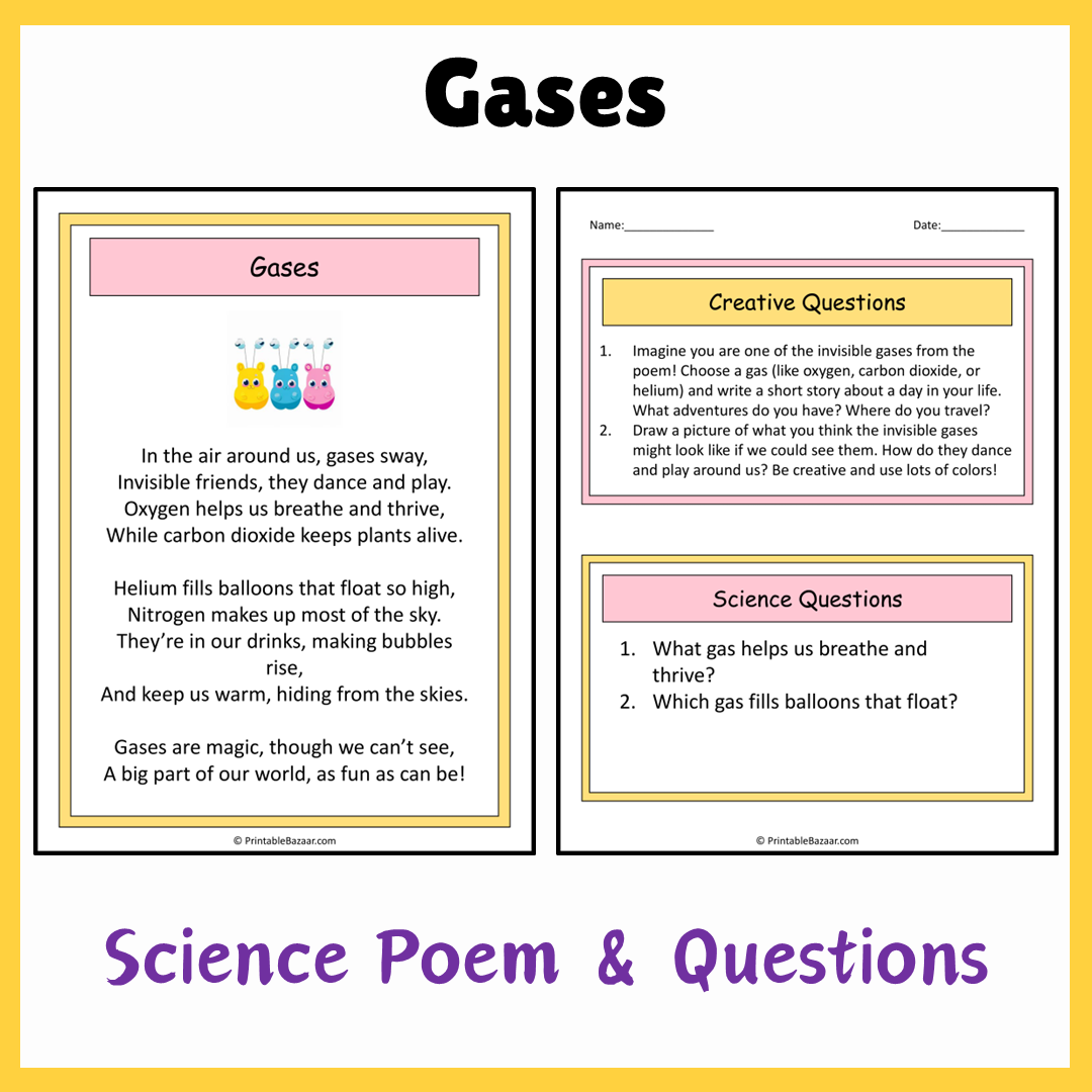 Gases | Science Poem Reading Comprehension Activity