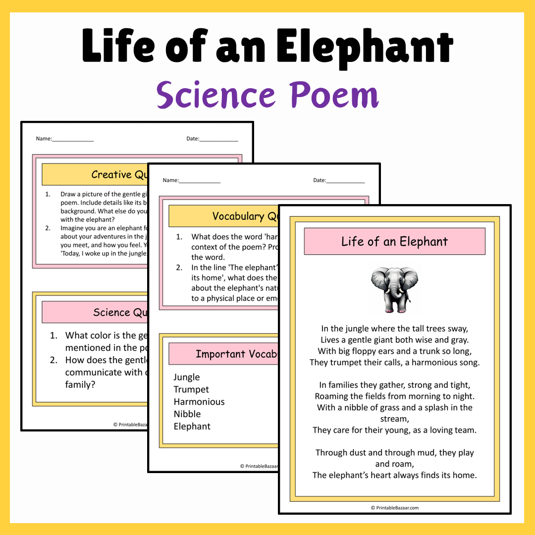 Life of an Elephant | Science Poem Reading Comprehension Activity