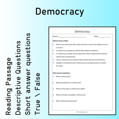 Democracy | Reading Comprehension Passage Printable Worksheet