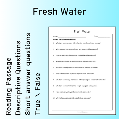 Fresh Water | Reading Comprehension Passage Printable Worksheet