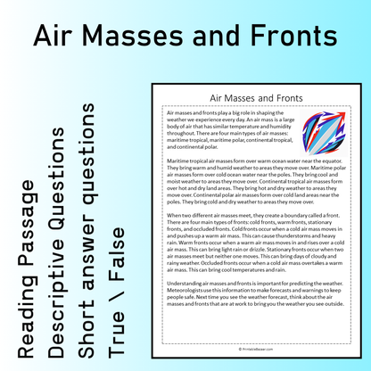 Air Masses and Fronts | Reading Comprehension Passage Printable Worksheet