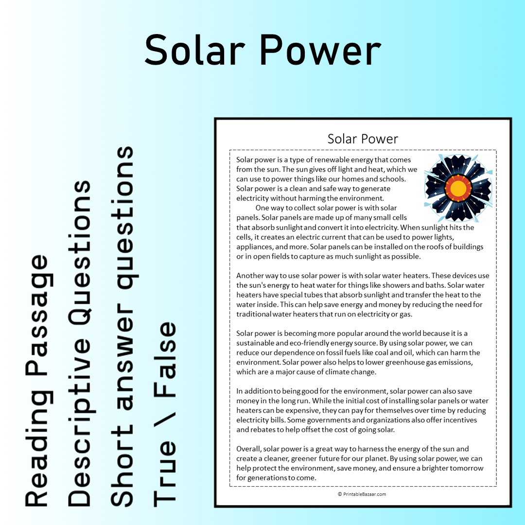 Solar Power | Reading Comprehension Passage Printable Worksheet