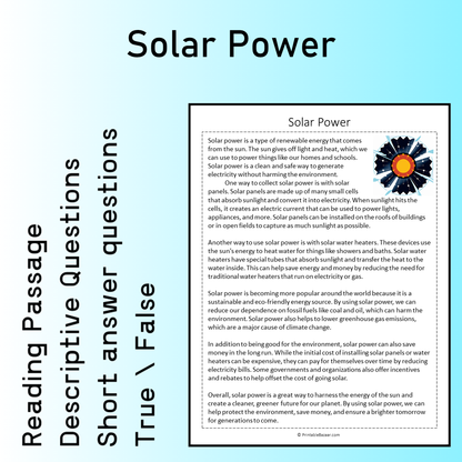 Solar Power | Reading Comprehension Passage Printable Worksheet